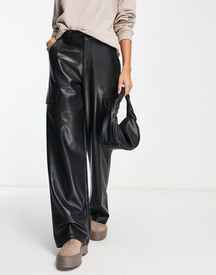 Asos Design + Faux Leather Cargo Trousers in Black