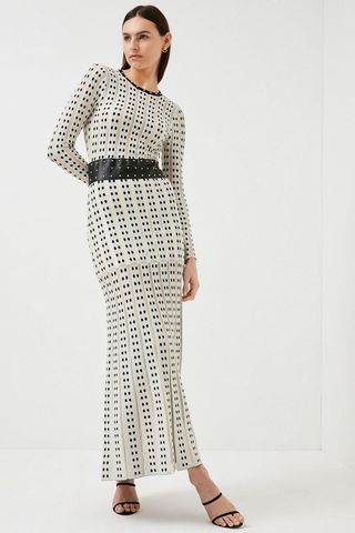Karen Millen + Sheer Knit Polka Dot Stud Detail Maxi Dress