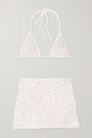 Leslie Amon + Crushed Shell Embellished Stretch-Chiffon Bikini Top and Mini Skirt Set