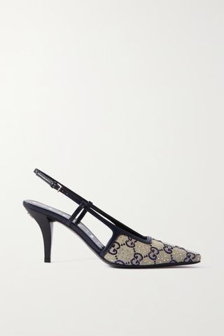 Gucci + Tom Crystal-Embellished Canvas-Jacquard and Leather Slingback Pumps