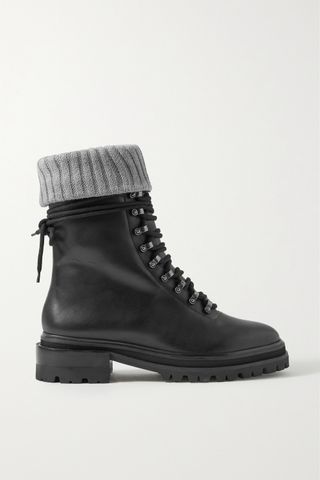 Porte 
Paire + Ribbed-Knit Trimmed Leather Combat Boots