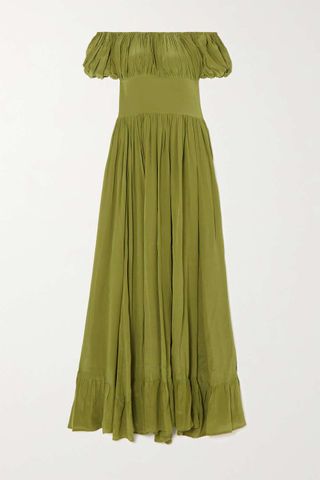 Evarae + Hestia Ruched Ruffled Shirred Organic Silk-Satin Maxi Dress