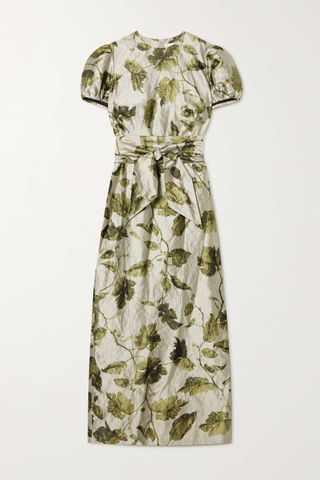 Erdem + Arvilla Belted Printed Metallic Crinkled-Satin Maxi Dress