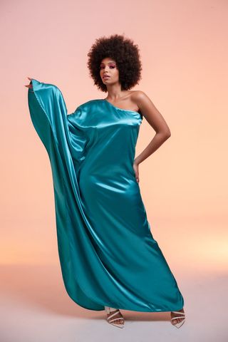 Kai Collective + Zuwa Boubou Silky Satin One Shoulder Kaftan Dress in Aquamarine