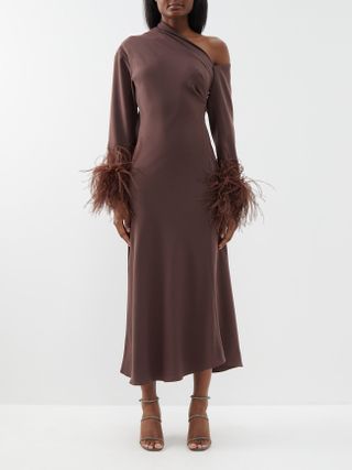 16arlington + Adelaide Asymmetric Feather-Trim Crepe Midi Dress