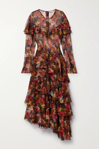 Dôen + Alouette Asymmetric Ruffled Floral-Print Silk-Georgette Midi Dress
