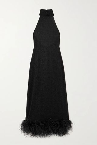 Oséree + Lumière Halterneck Feather-Trimmed Metallic Stretch-Knit Maxi Dress