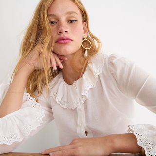 J.Crew + Embroidered Ruffle-Collar Top With Eyelet