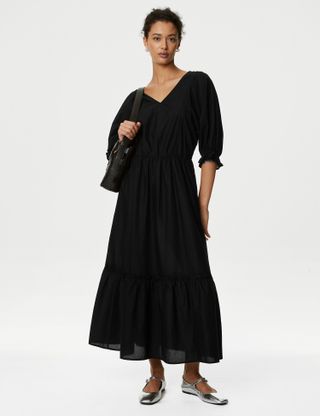 M&S Collection + Pure Cotton V-Neck Midi Waisted Dress