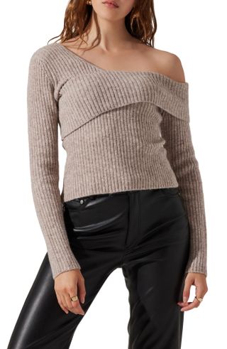 Astr the Label + Asymmetric Foldover One-Shoulder Rib Sweater
