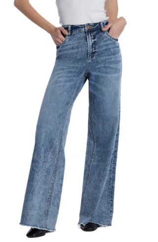 Hint of Blu + Happy Shaggy High Waist Raw Hem Wide Leg Jeans