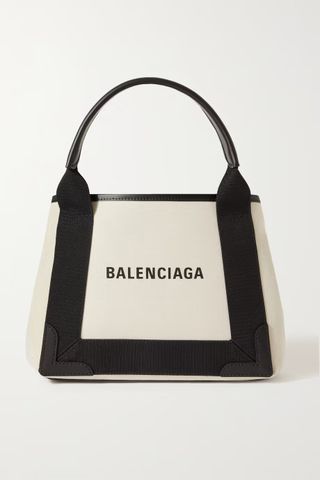 Balenciaga + Navy Cabas Small Leather-Trimmed Printed Canvas Tote