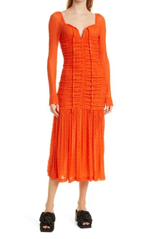 Ganni + Ruched Long Sleeve Stretch Lace Midi Dress