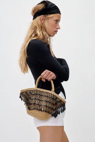 Zara + Beaded Fringe Mini Basket Bag