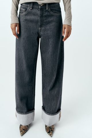 Zara + Turned-Up High Waist TRF Belt Loop Jeans