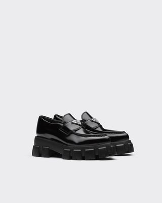 Prada + Monolith Pointy Brushed Leather Loafers