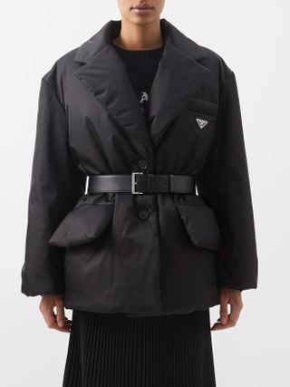 Prada + Triangle Logo-Plaque Belted Padded Re-Nylon Jacket