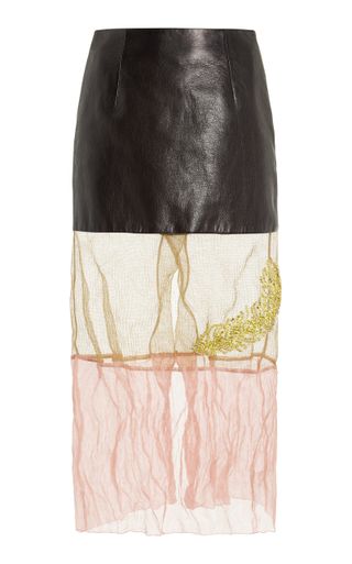 Prada + Embellished Mesh-Trimmed Leather Midi Skirt