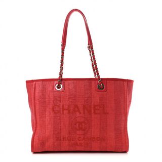 Chanel + Mixed Fibers Striped Small Deauville Tote Red