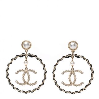 Chanel + Lambskin Crystal Pearl CC Chain Hoop Earrings Gold Black