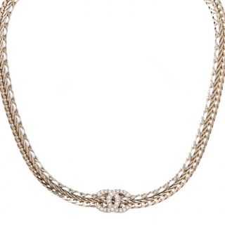 Chanel + Metal Lambskin Crystal CC Choker Gold White