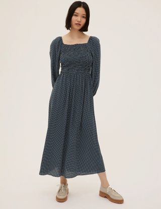 M&S Collection + Geometric Round Neck Shirred Midi Dress