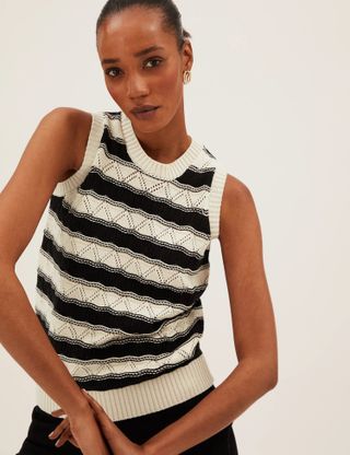 M&S Collection + Cotton Rich Striped Pointelle Knitted Vest