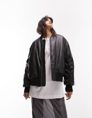 Topshop + Faux Leather Cropped Bomber Jacket in Black