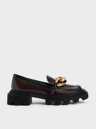 Charles & Keith + Burgundy Perline Chunky Chain Loafers