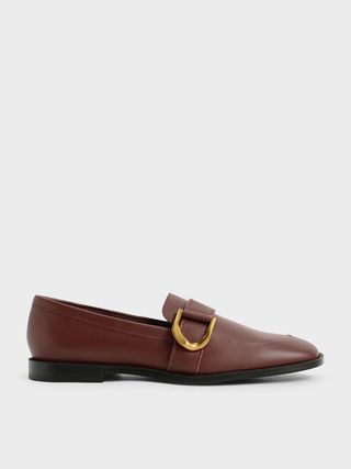 Charles & Keith + Brown Gabine Buckled Leather Loafers​