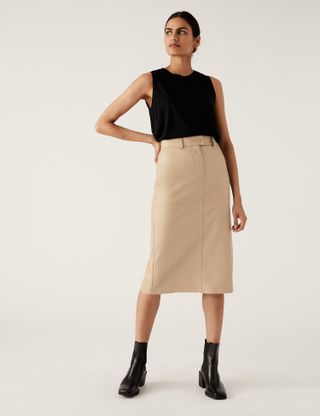 M&S Collection + Faux Leather Midi A-Line Skirt