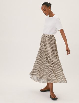 M&S Collection + Printed Pleated Maxi Skirt