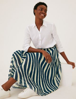 M&S Collection + Striped Pleated Midaxi Skirt