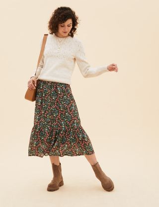 Per Una + Printed Button Front Midaxi A-Line Skirt