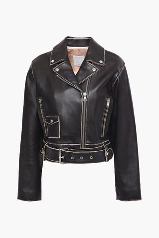 Sandro + Shay Cropped Distressed Leather Biker Jacket