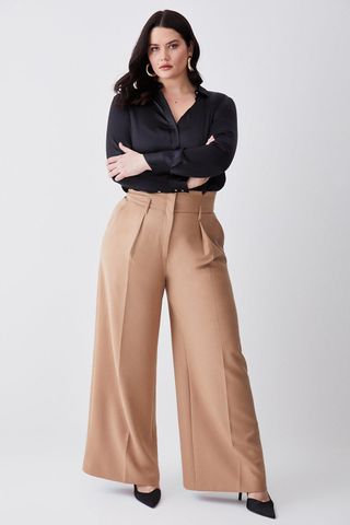 Karen Millen + Plus Size Compact Stretch High Waist Wide Leg Trouser