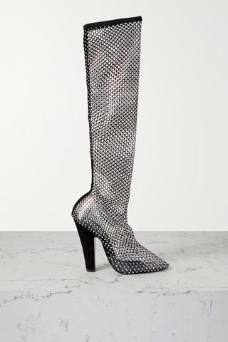 Saint Laurent + Suede-Trimmed Crystal-Embellished Fishnet Knee Boots