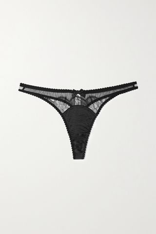 Agent Provocateur + Helene Leavers Lace-Trimmed Silk-Blend Satin and Tulle Thong