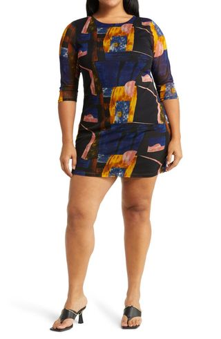 Open Edit + Geo Print Three Quarter Sleeve Mesh Minidress