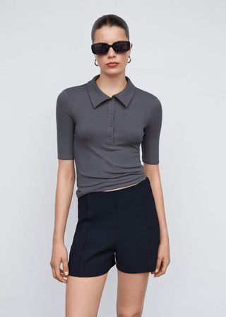 Mango + Short Sleeve Polo Shirt With Buttons in Grey