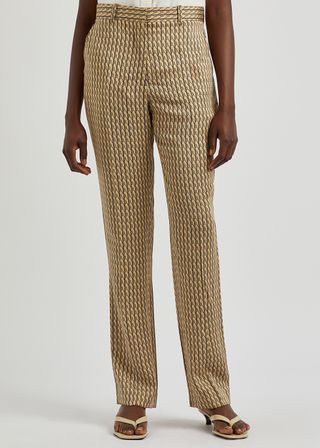 Victoria Beckham + Brown Monogrammed Satin Trousers