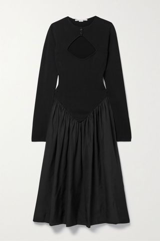 Stella Mccartney + Cutout Stretch-Knit and Gathered Silk-Satin Midi Dress