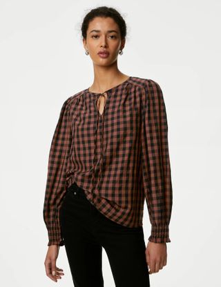 M&S Collection + Modal Rich Checked Tie Neck Blouse