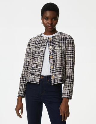 M&S Collection + Tweed Checked Collarless Short Jacket