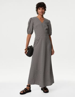 M&S Collection + Checked Textured V-Neck Midaxi Tea Dress