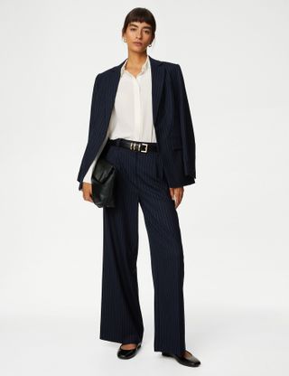 Autograph + Wool Blend Pinstripe Wide Leg Trousers