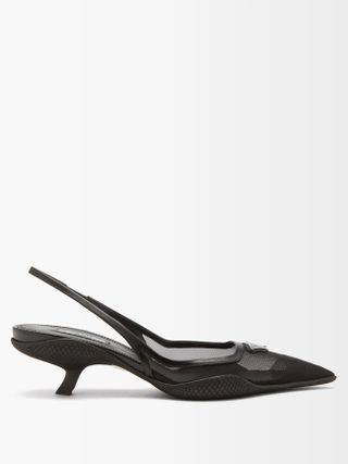 Prada + Triangle-Plaque Leather and Nylon Slingback Pumps