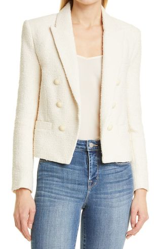 L'Agence + Brooke Double Breasted Crop Cotton Blend Blazer