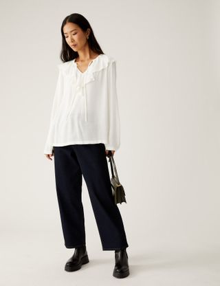 M&S Collection + Tie Neck Ruffle Long Sleeve Blouse