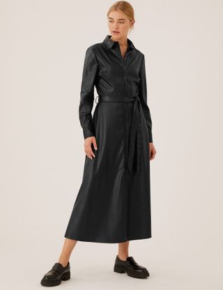 M&S Collection + Faux Leather Belted Midi Shirt Dress